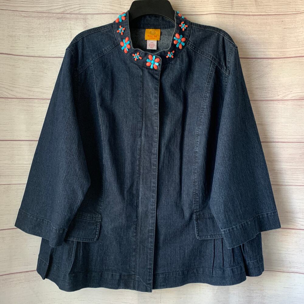 Ruby Rd Denim Jean Jacket Zip Up Beaded Neckline Peplum 3/4 Sleeves Size 20W